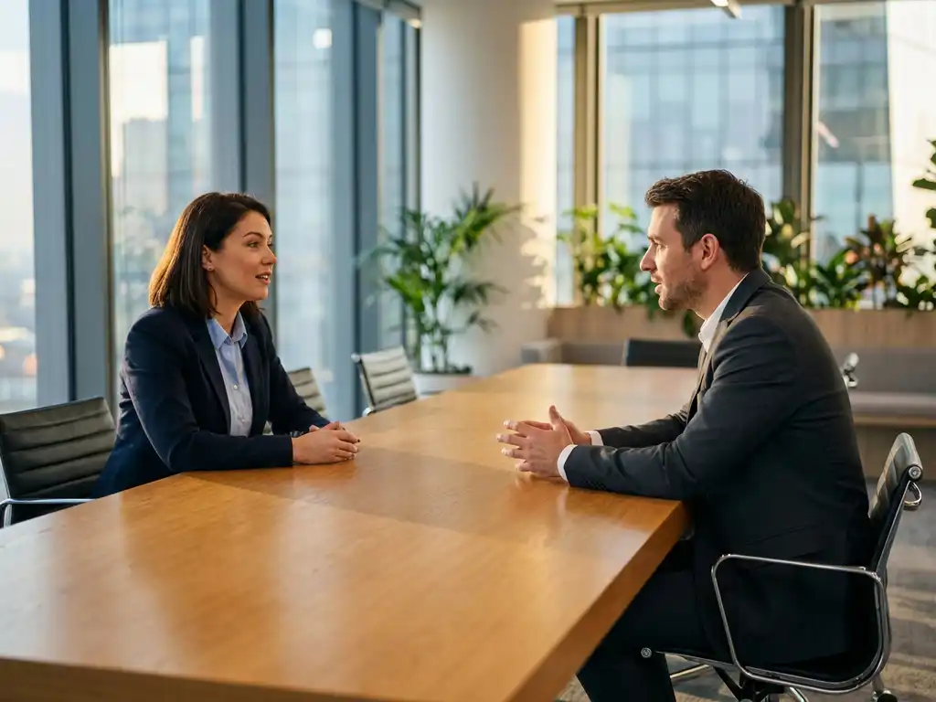 Professionele recruiter in marineblauw jasje voert sollicitatiegesprek met kandidaat aan houten vergadertafel in modern kantoor