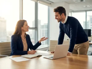 Professionele recruiter en kandidaat in gesprek aan houten bureau in modern kantoor met grote ramen