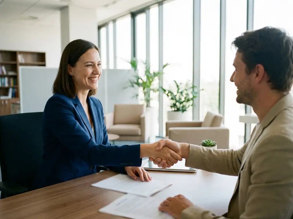 Professionele vrouw en recruiter schudden handen over bureau in modern kantoor met natuurlijk daglicht