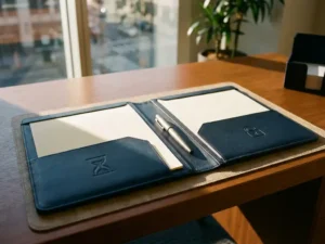Professioneel bureau met twee contractmappen, tijdelijk en permanent werk symboliserend, pen ertussen in warm natuurlijk licht