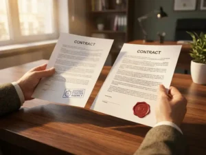 Professionele handen houden twee arbeidscontracten vast op houten bureau, één tijdelijk en één vast contract