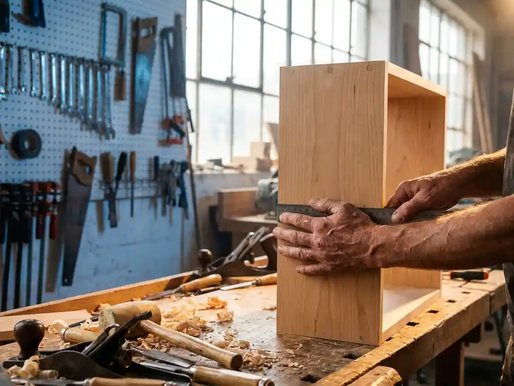 Timmerman meet houten kastframes met stalen liniaal in heldere werkplaats met gereedschap aan wandbord