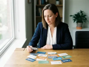 Professionele vrouw in zakelijke kleding bestudeert kleurrijke visitekaartjes van uitzendbureaus aan houten bureau