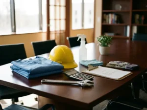 Diverse werkhelmen, gereedschappen en professionele items op houten vergadertafel, waaronder gele bouwhelm, blauwe medische kleding en sleutel