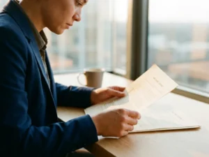 Uitzendkracht in werkkleding leest zorgvuldig arbeidscontract aan moderne kantoorbureau bij raam