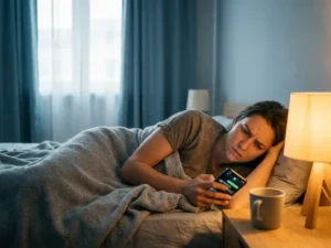 Bezorgde uitzendkracht in bed controleert werkberichten op smartphone, gewikkeld in grijze deken bij warm bedlampje