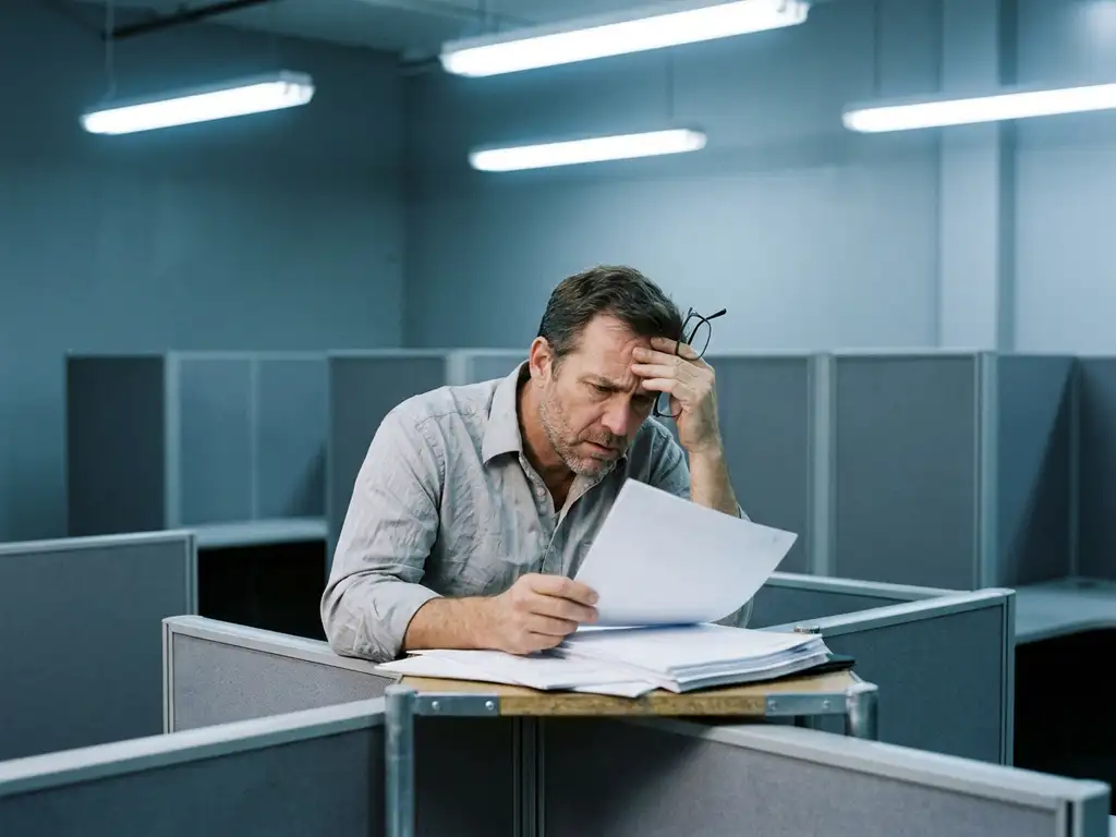 Bezorgde kantoormedewerker alleen aan bureau in tijdelijke werkruimte, bekijkt documenten tussen lege cubicles onder TL-verlichting