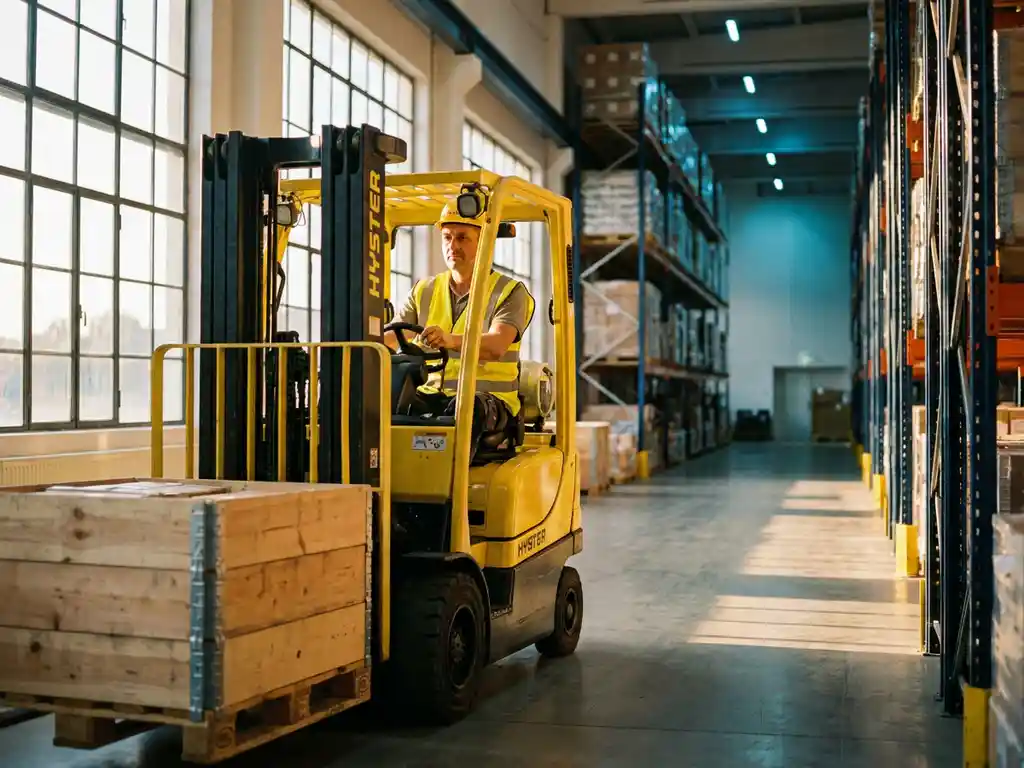 Vorkheftruck operator in veiligheidsvest verplaatst pallets in moderne magazijn met natuurlijk daglicht