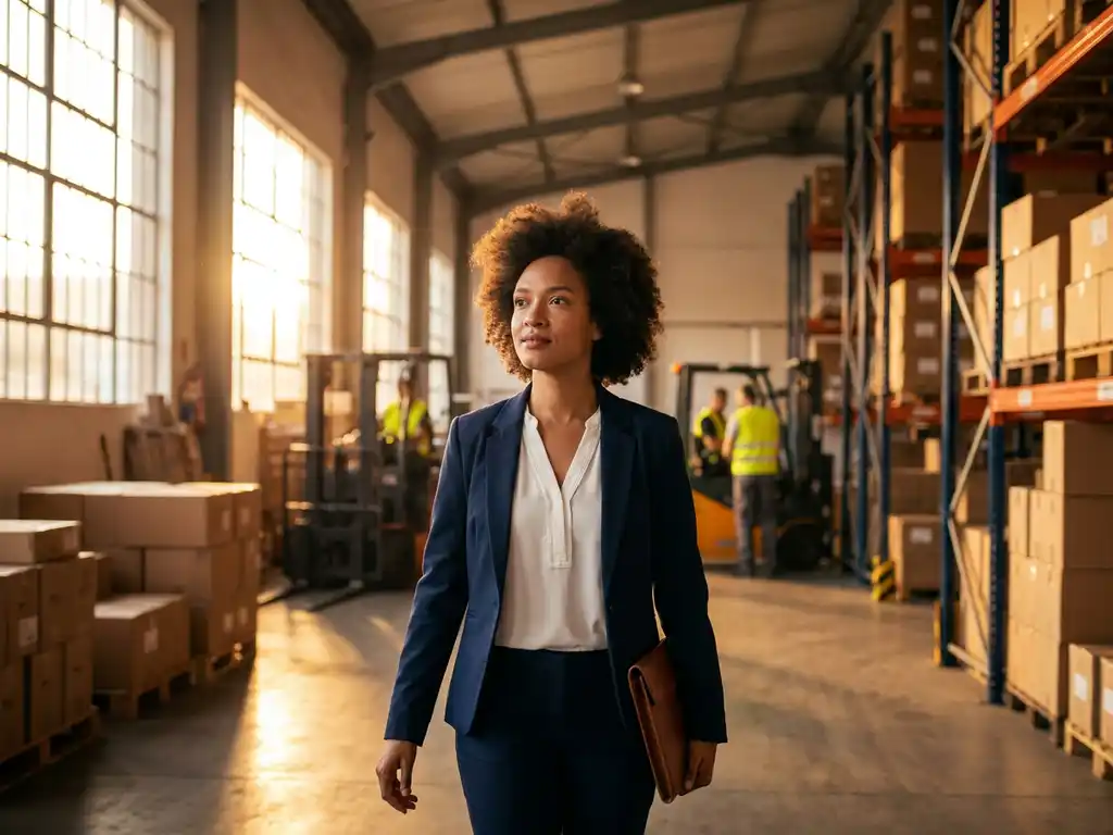 Professionele vrouw in marineblauw jasje loopt door modern magazijn met leren portfolio, omringd door hoge stellingen met pakketten