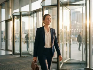 Professionele vrouw in zakelijke kleding loopt zelfverzekerd door glazen deuren van modern kantoorgebouw met aktetas