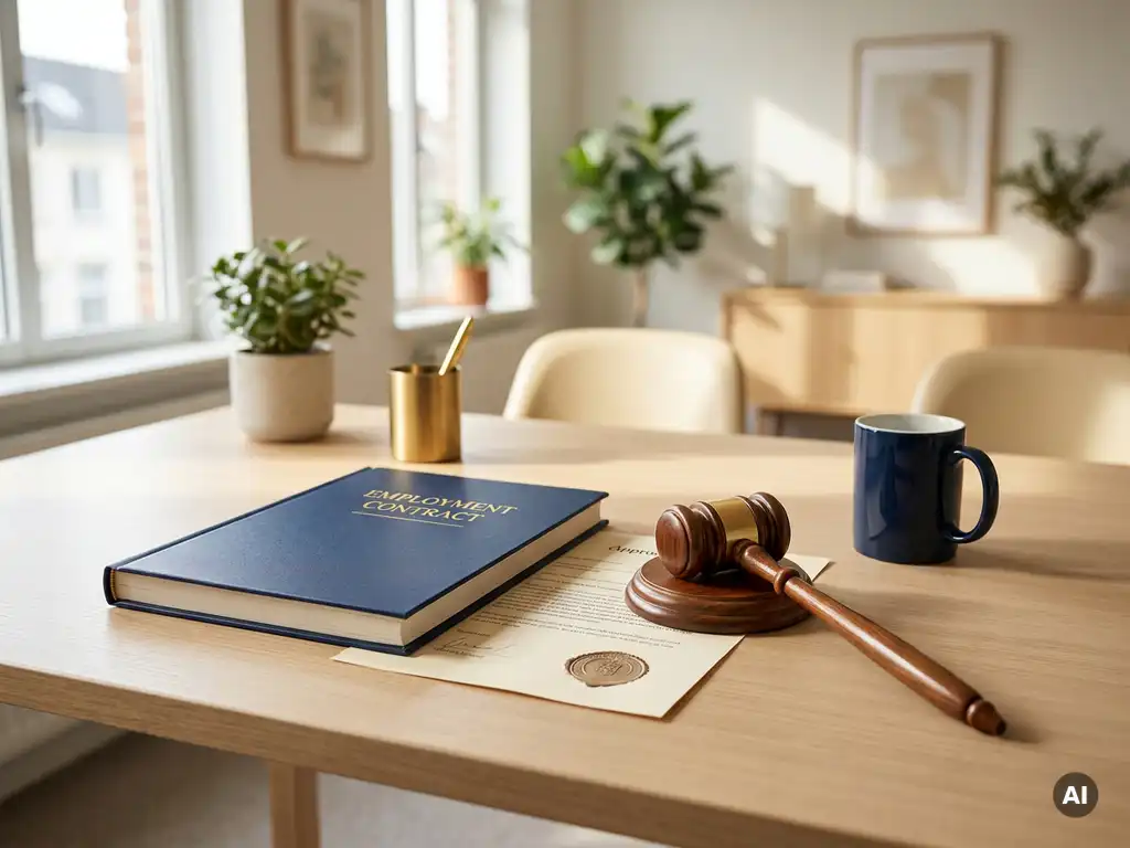 Arbeidscontract en houten rechtershamer op een opgeruimd bureau in modern kantoor, zacht natuurlijk licht.