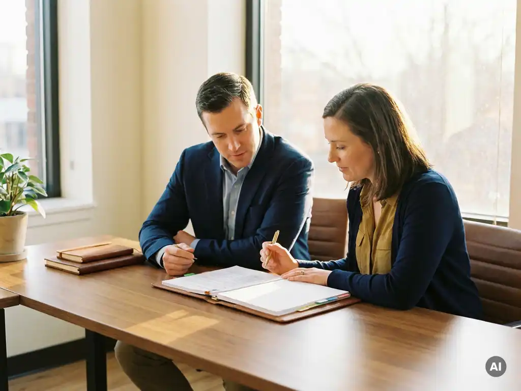 Staffingconsultant en zakelijke klant bekijken samen een arbeidscontract aan een bureau in een modern, lichtrijk kantoor.