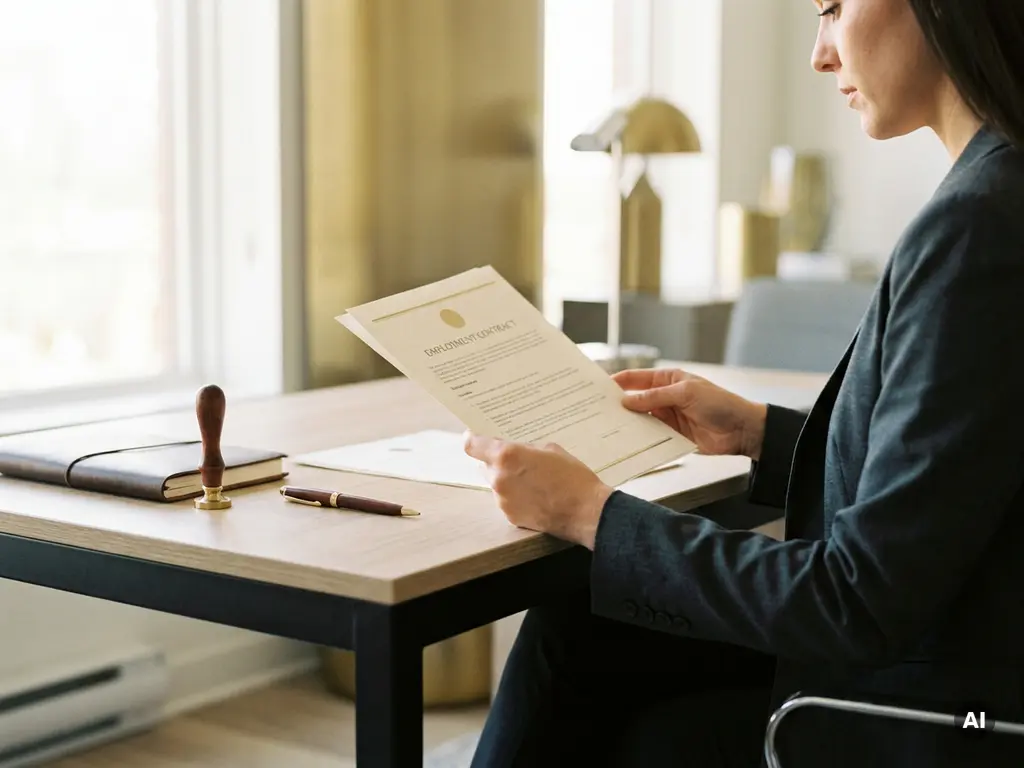 HR-consultant houdt arbeidsovereenkomst vast aan modern bureau met bedrijfsstempel en pen, kantooromgeving.