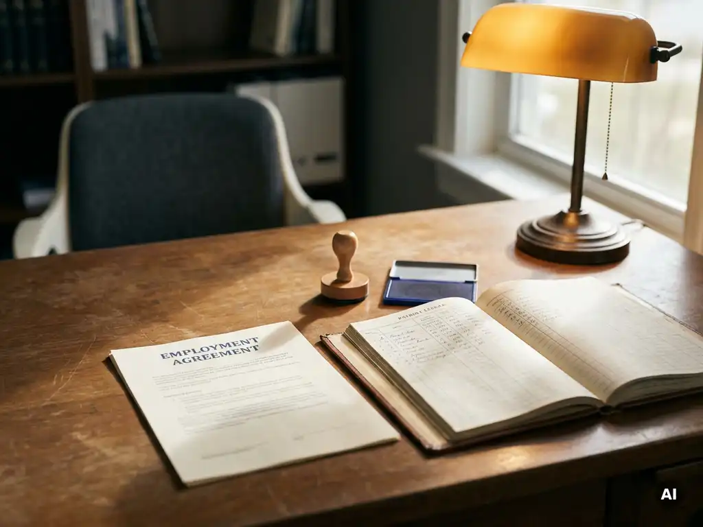 Arbeidsovereenkomst op kantoorbureau naast salarisadministratie en rubberstempel, verlicht door warm amberkleurig bureaulampje.