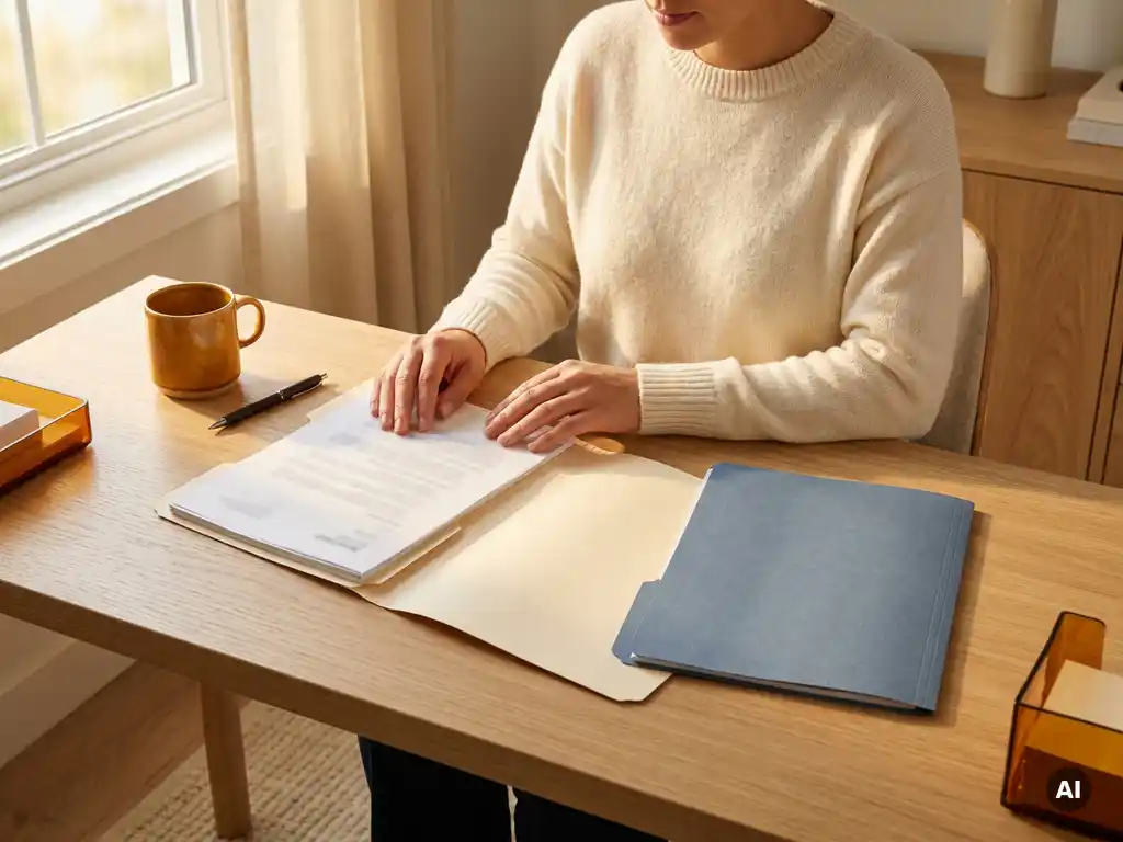Personeelsspecialist vergelijkt twee openliggende arbeidscontractmappen op modern kantoorbureau met koffie en pen in warm goudkleurig licht.