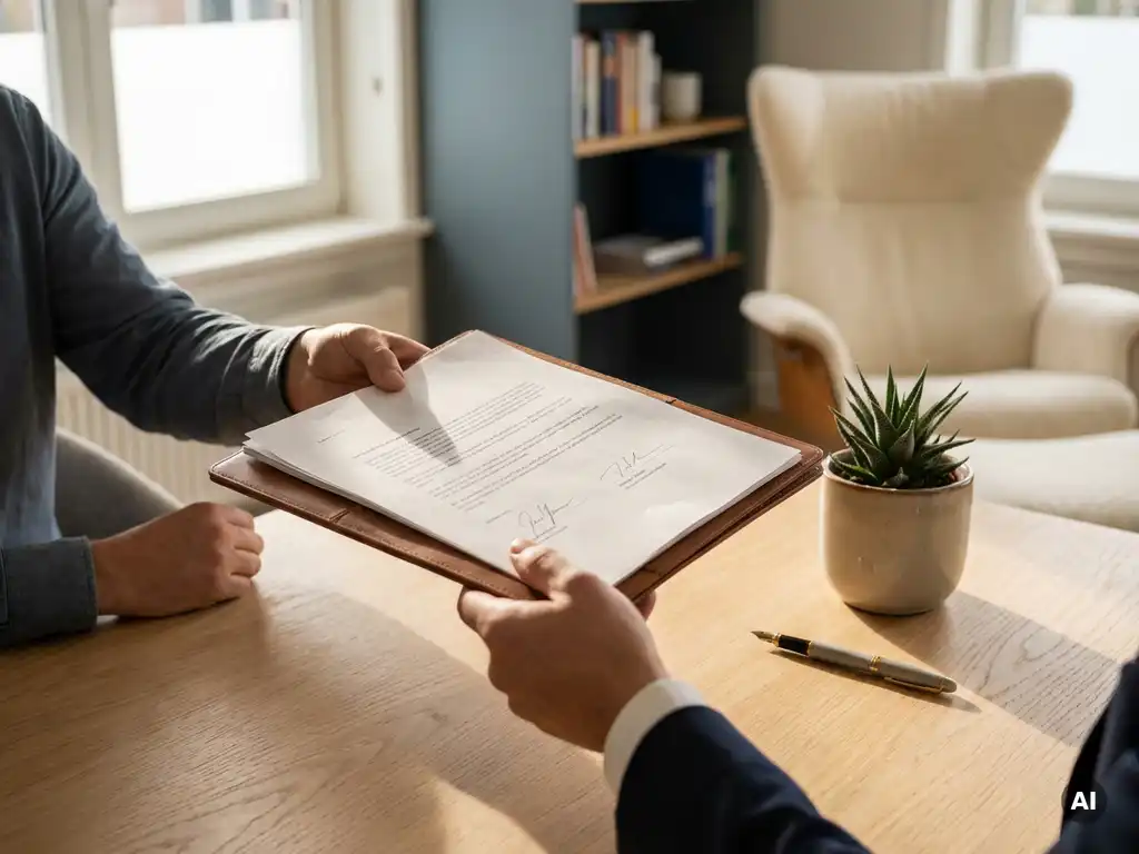 Ondertekend arbeidscontract dat wordt overhandigd aan een bureau bij een uitzendbureau, met pen en kleine plant op de achtergrond.