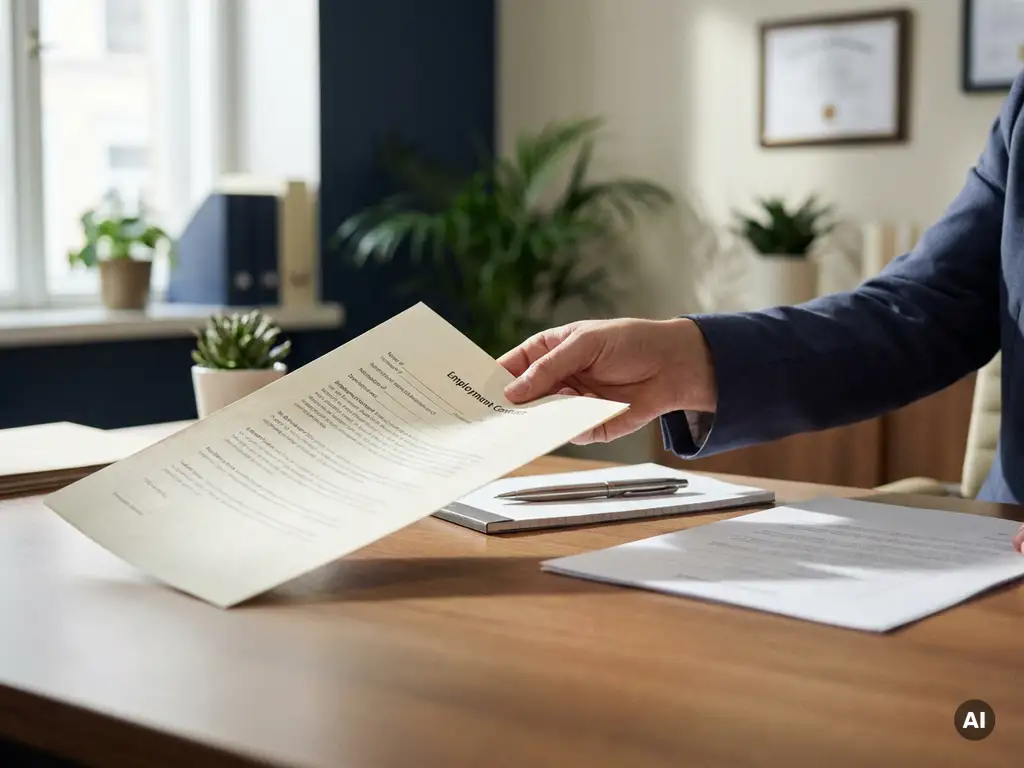 Recruiter schuift een formeel arbeidscontract over een kantoorbureau, pen erbij, warm natuurlijk licht en professionele sfeer.