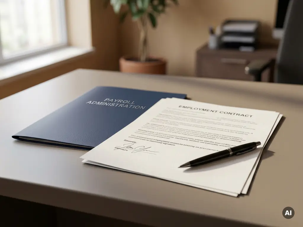Ondertekend arbeidscontract op kantoorbureau naast een salarisadministratiemap en pen, gefotografeerd in zacht natuurlijk licht.