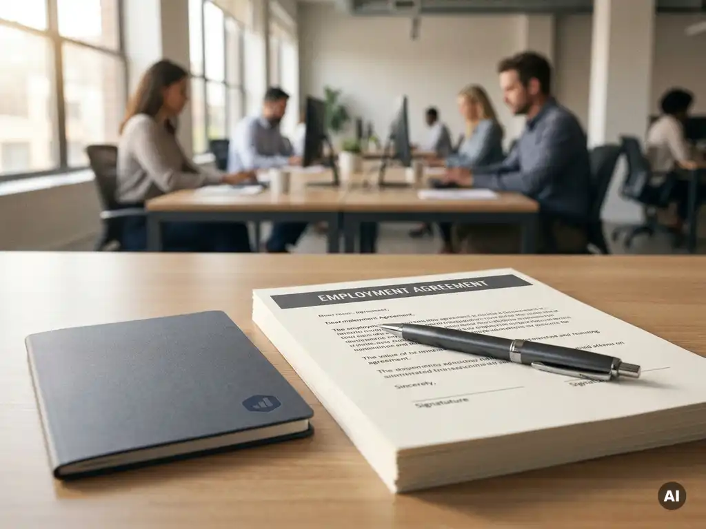 HR-bureau met arbeidsovereenkomst, salarismap en pen, kantooromgeving op de achtergrond.