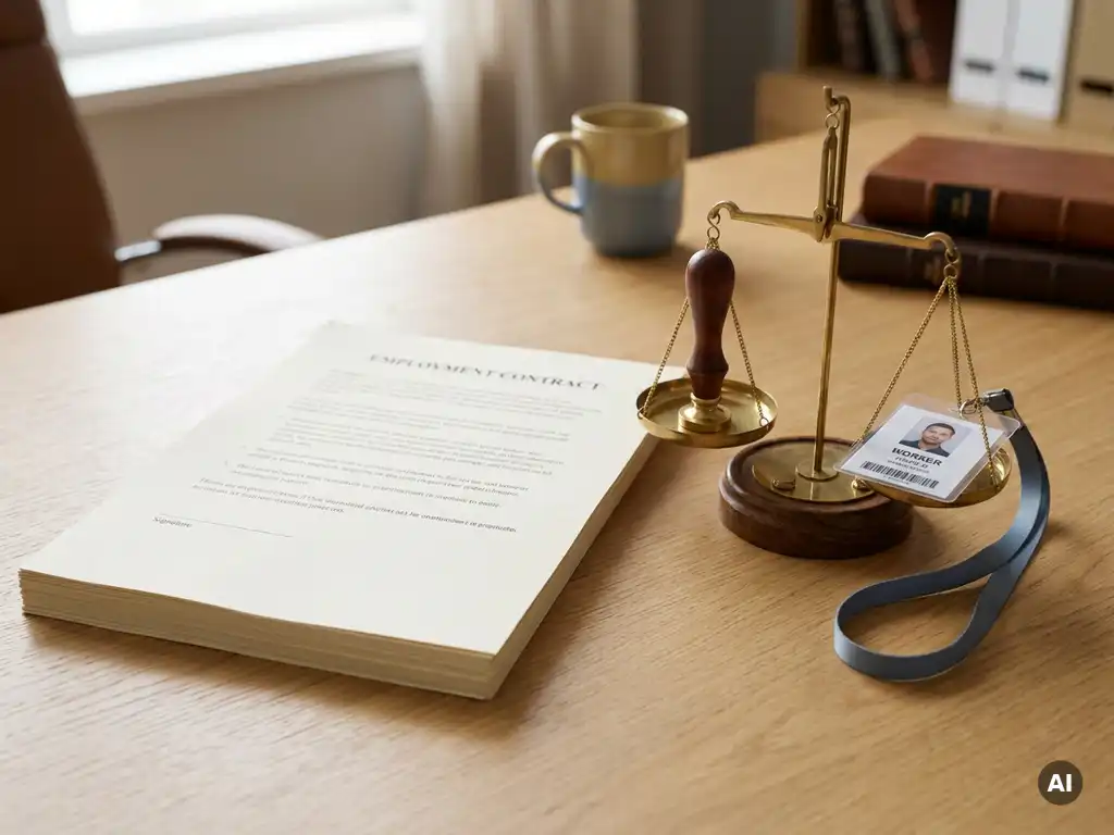 Arbeidscontract op kantoorbureau naast kleine weegschaal met bedrijfsstempel en werknemerspas, zachte natuurlijke belichting.