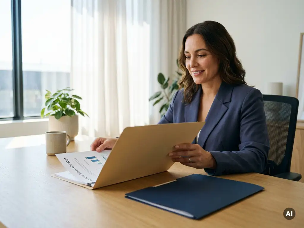 HR-manager vergelijkt twee personeelsdossiers op modern bureau met zichtbaar loonadministratiedocument in professionele kantooromgeving.