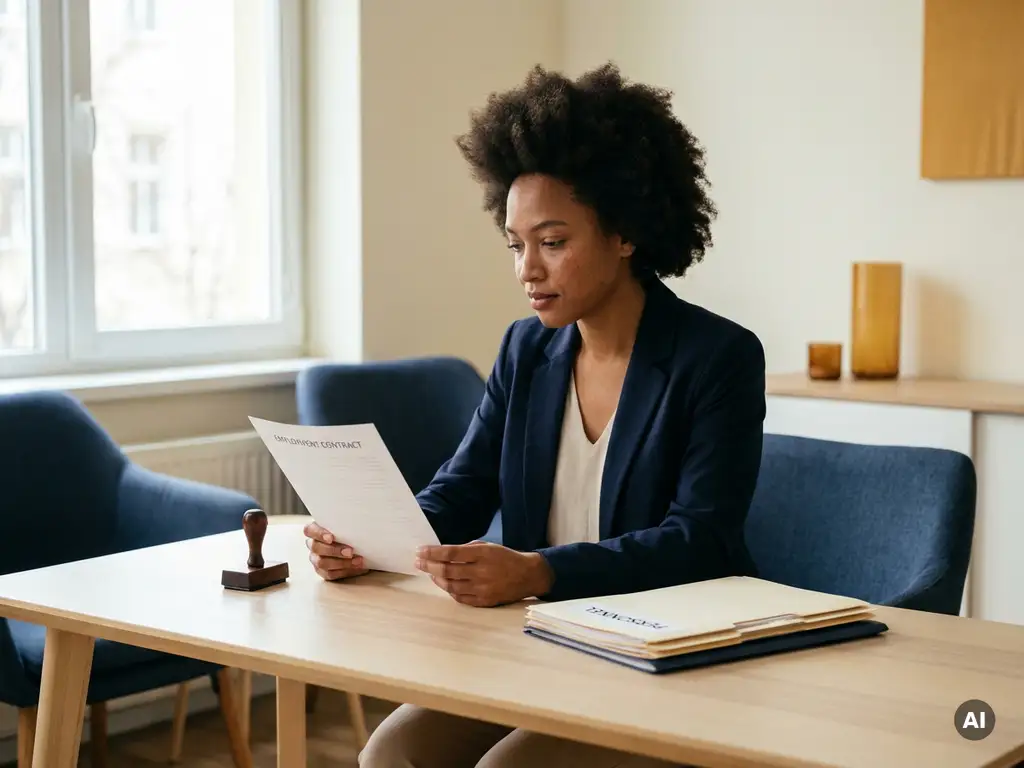 HR-specialist bekijkt gedrukt arbeidscontract aan modern bureau met bedrijfsstempel en personeelsmappen in warm kantoorlicht.