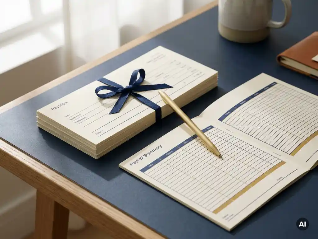 Stapel loonstroken en salarisoverzicht op modern bureau met pen, warme kantooratmosfeer in crème en marineblauw.