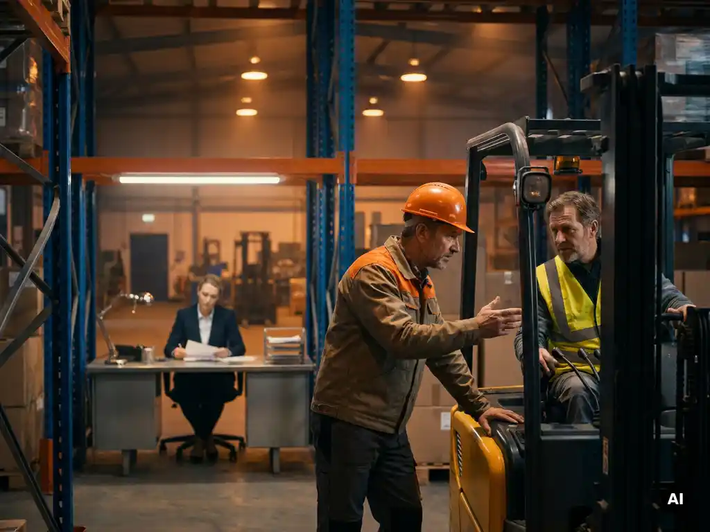Magazijnopzichter met helm begeleidt vorkheftruckchauffeur op werkvloer, terwijl HR-medewerker op achtergrond documenten bekijkt.
