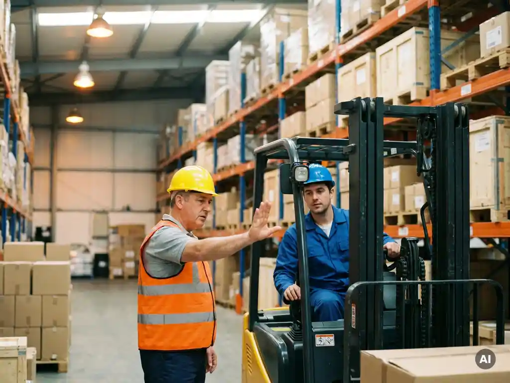 Magazijnopzichter met helm geeft handsignalen aan heftruckchauffeur op actieve logistieke werkvloer met industriële stellingen op achtergrond.