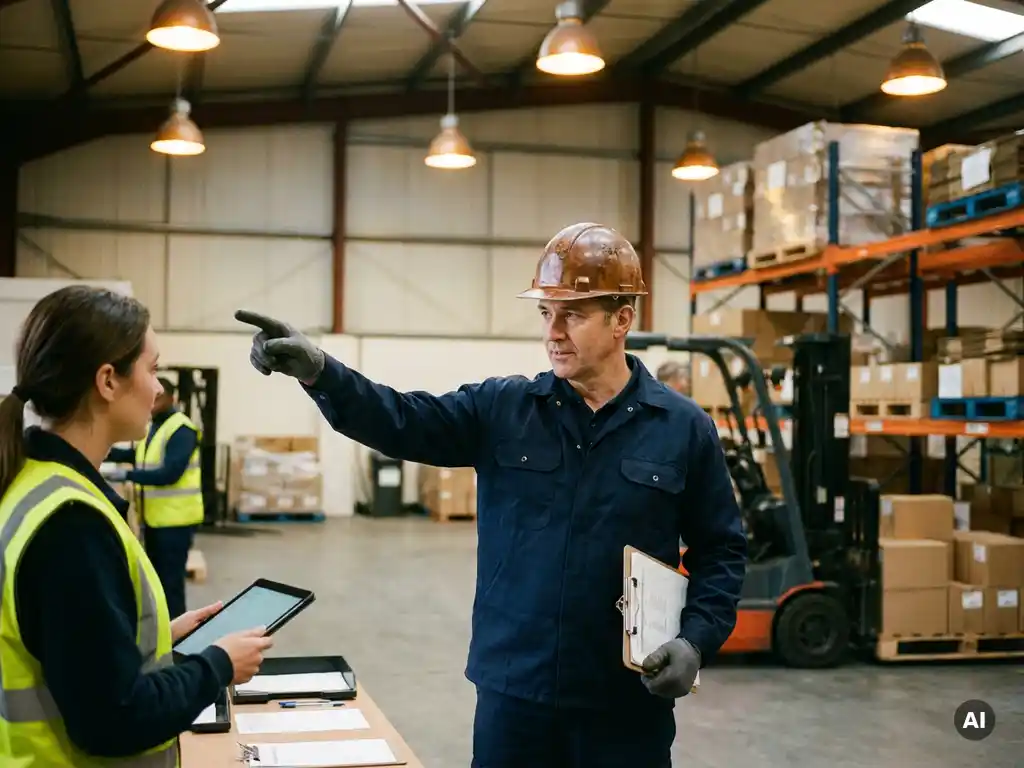 Magazijnmanager met helm geeft handsignalen aan collega op logistieke werkvloer, klembord onder de arm, industriële verlichting.