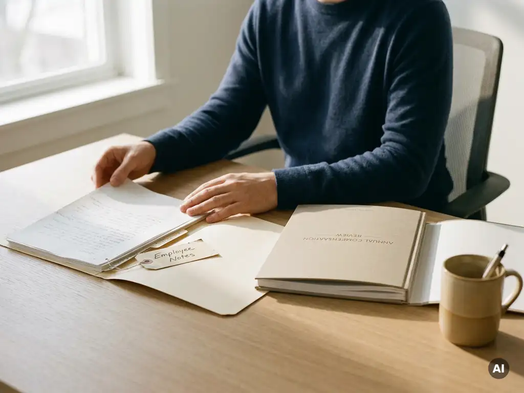 Salarisadministrateur aan modern bureau met persoonlijk dossier en zakelijk document in warm natuurlijk licht.