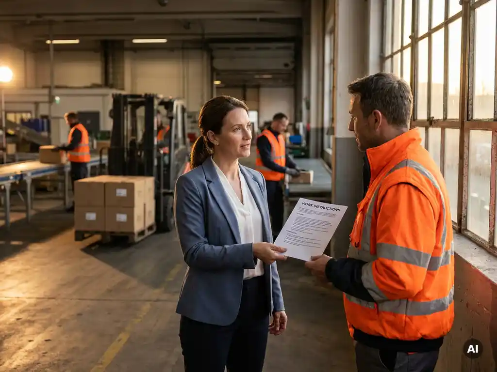 Salarisadministrateur overhandigt werkinstructies aan magazijnmedewerker in veiligheidsvest op logistieke werkvloer.