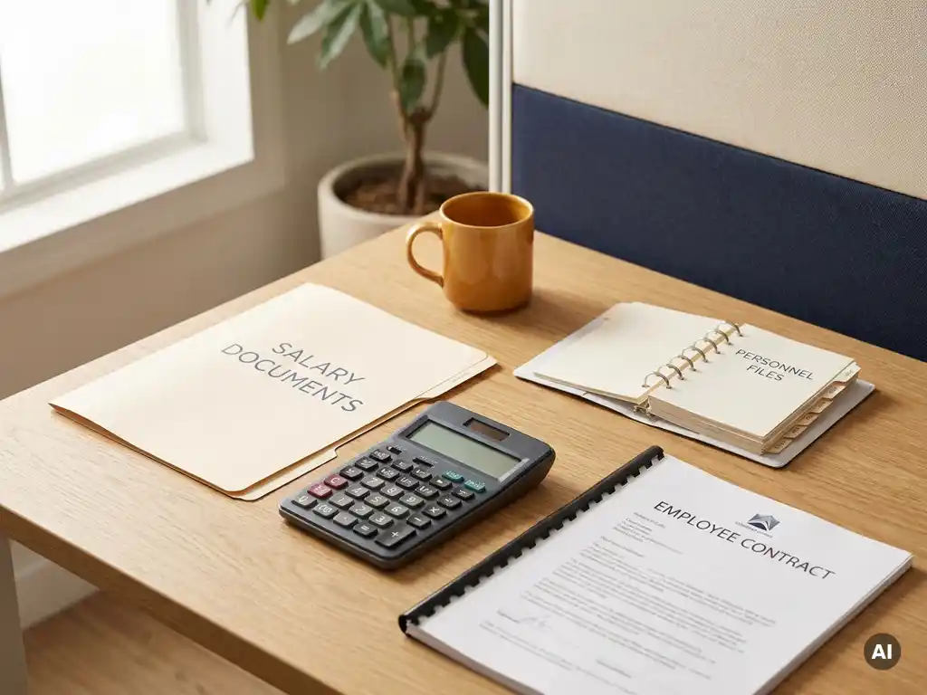 Salarisadministrateur bureau met loonstrookmap, calculator en arbeidscontract op licht eiken oppervlak in professionele kantooromgeving.