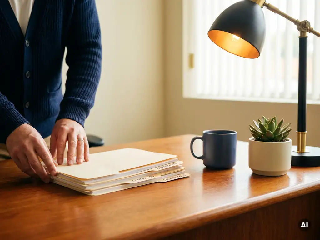 Salarisadministrateur ordent arbeidscontracten en loonstroken op kantoorbureau, met koffiemok en succulent in warm amberkleurig licht.