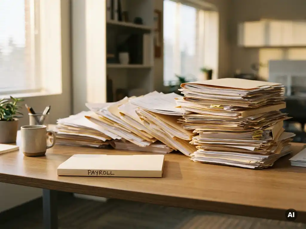 Instortende stapel papieren en mappen op kantoorbureau, vervangen door één overzichtelijke salarisadministratiemap in warm natuurlijk licht.
