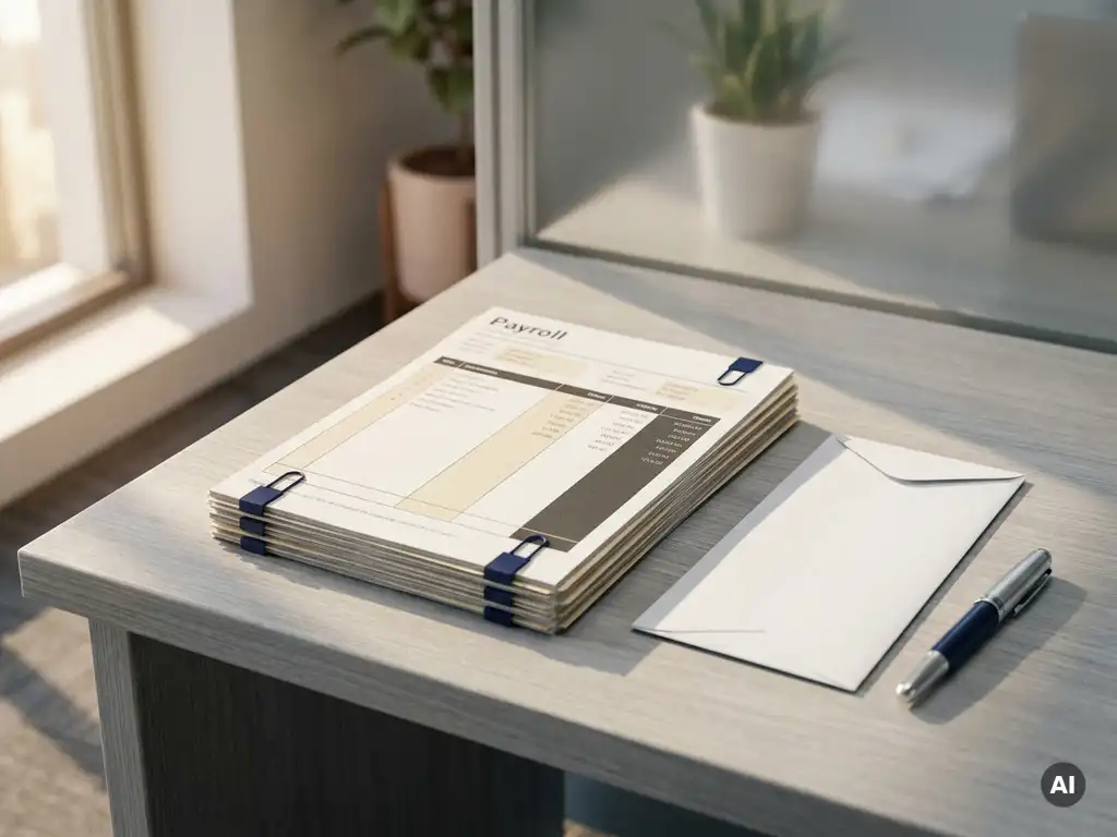 Loonstrook op modern bureau naast wit envelop en pen, warm kantoorlicht met zachte schaduwen.