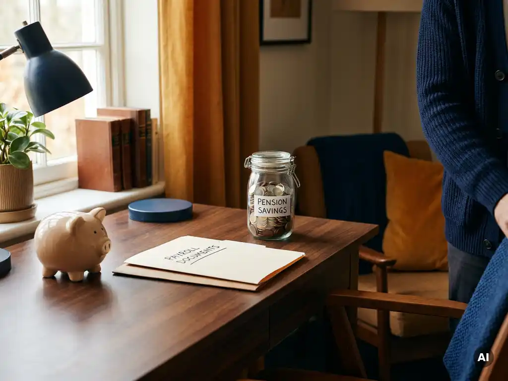 Houten bureau met spaarpot, loonstrookmap en pensioenpot gevuld met munten in warm kantoorlicht.