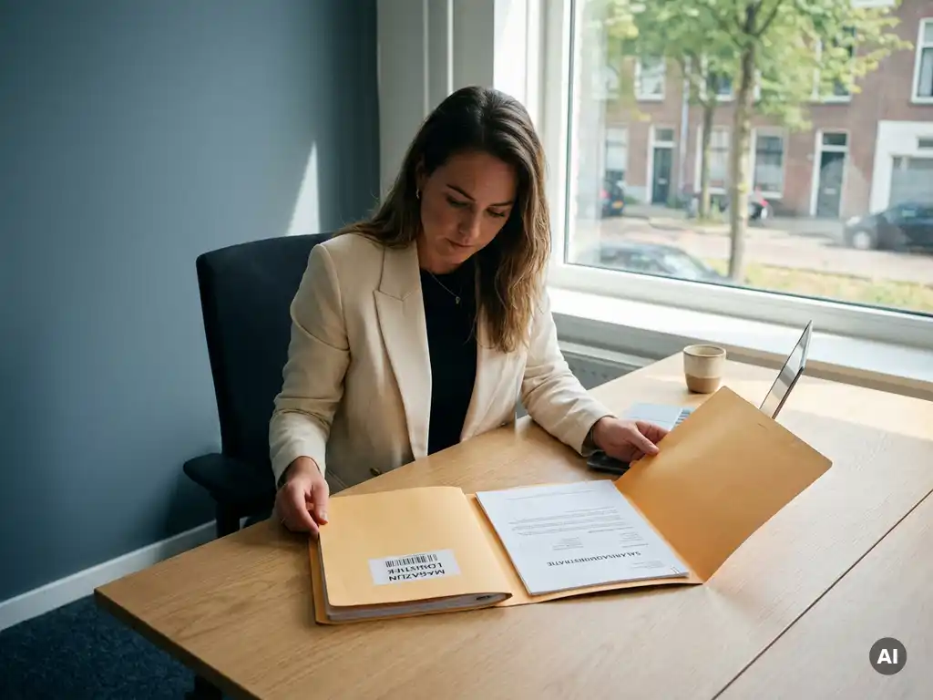Personeelsconsultant vergelijkt twee arbeidscontractmappen voor logistiek en payroll op modern kantoorbureau.