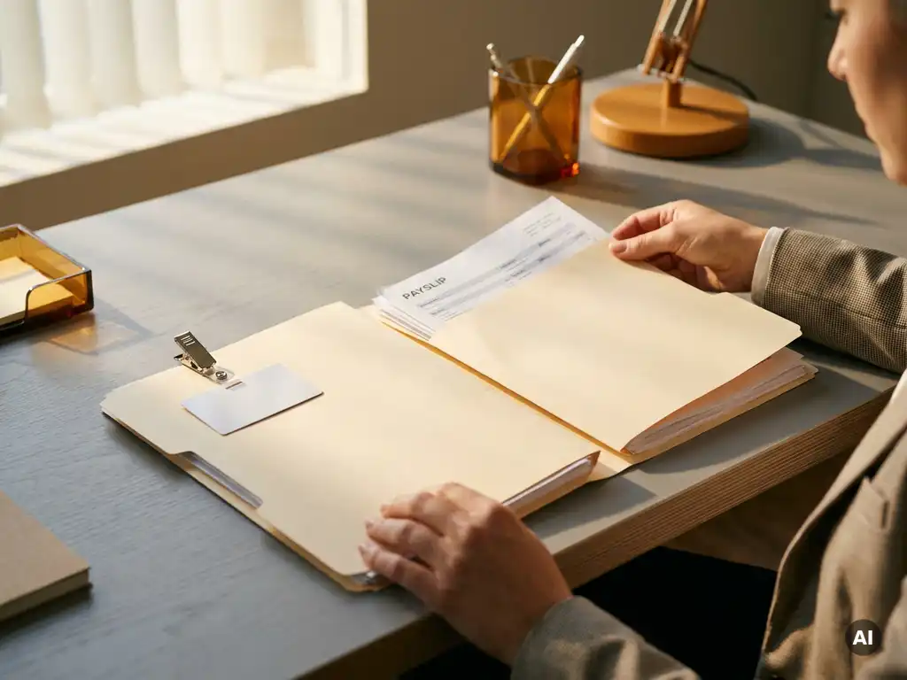 Consultant vergelijkt twee arbeidscontractmappen op modern bureau, verlicht door natuurlijk raamlicht in grijze en amberkleurige kantooromgeving.