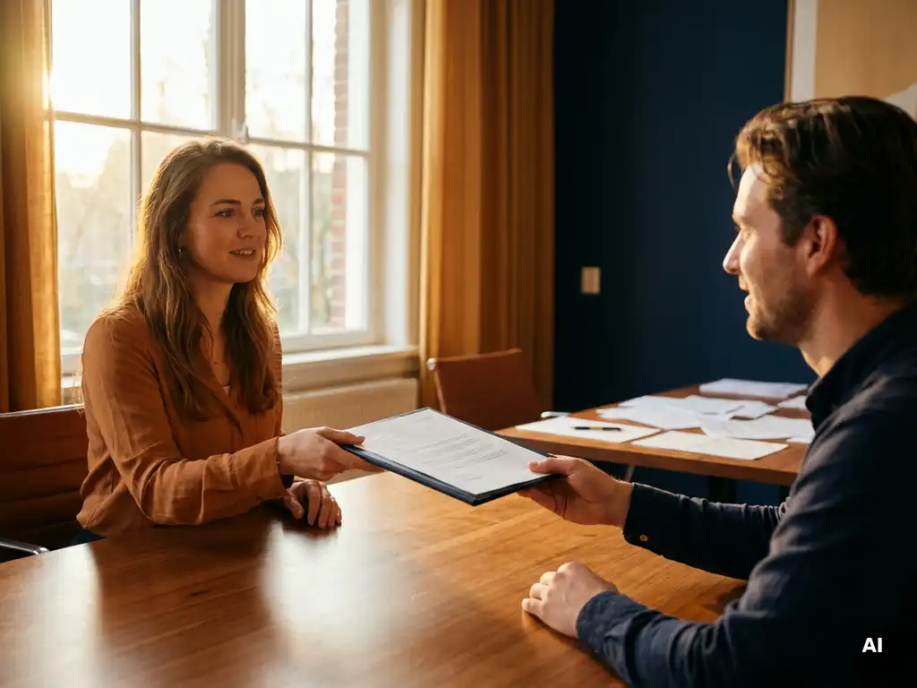 Consultant van een uitzendbureau overhandigt getekende contractmap aan ondernemer in modern Nederlands kantoor.