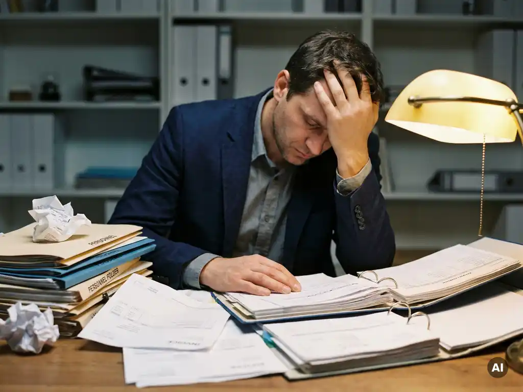 Gestresste werkgever aan rommelig bureau vol loonstroken, facturen en personeelsmappen, hoofd rustend op hand onder warme bureaulamp.