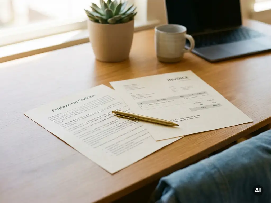 Arbeidscontract en freelancefactuur naast elkaar op modern bureau, pen liggend over beide documenten, zachte natuurlijke belichting.