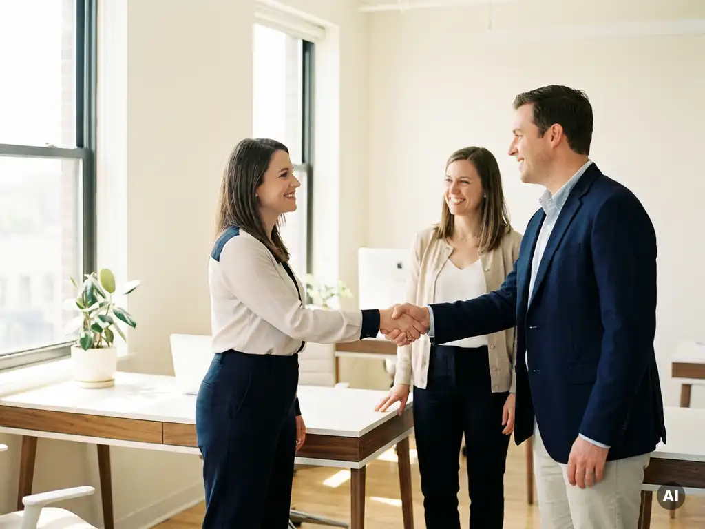 Ondernemer geeft nieuwe medewerker een hand in modern kantoor, met staffingspecialist op de achtergrond.
